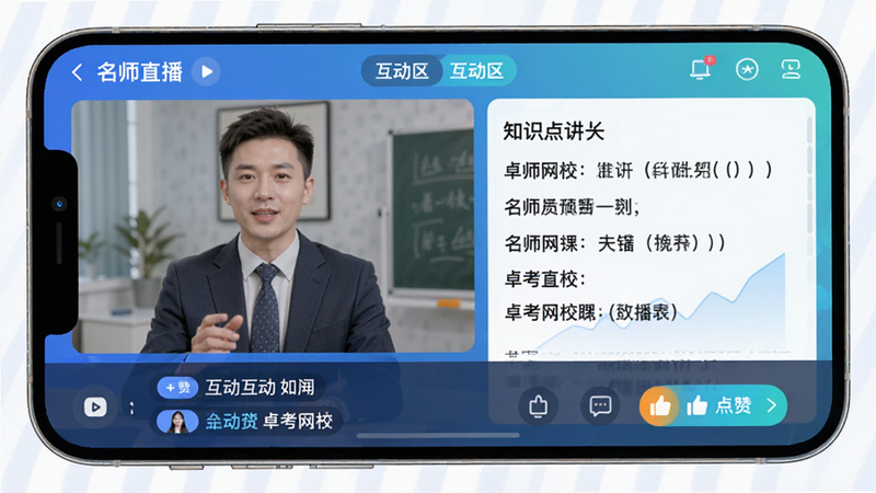 展示卓考网校直播课程界面的UI设计图,主体为手机屏幕,左侧显示讲师视频窗口,右侧为知识点讲义,底部有互动聊天区和点赞按钮,风格为科技感与教育感结合,色调清新,细节精致,画质高清,文字显示为'名师直播'、'互动区'、'卓考网校'