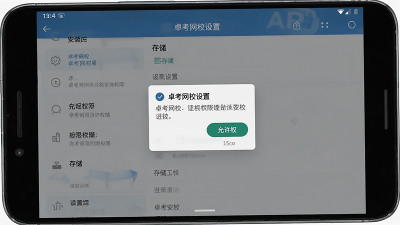 展示卓考网校APP在安卓手机上的安装设置界面,主体为手机屏幕,显示权限请求弹窗和设置选项,风格为简洁直观,色调柔和,细节清晰,画质高清,文字显示为'允许权限'、'存储'、'卓考网校设置'