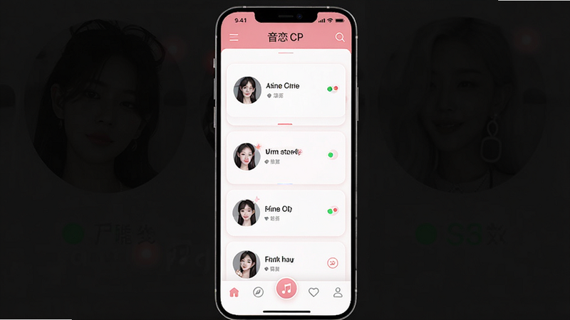 主体为音恋CP应用主界面截图,布局为手机竖屏显示,顶部显示导航栏,中间区域展示多个正在直播或匹配的语音房间卡片,每张卡片包含主播头像、昵称及在线状态图标,底部为导航标签栏,风格为扁平化极简设计,色彩以柔和的粉色与白色为主,细节处有微光效果,画质高清,干净,无多余元素