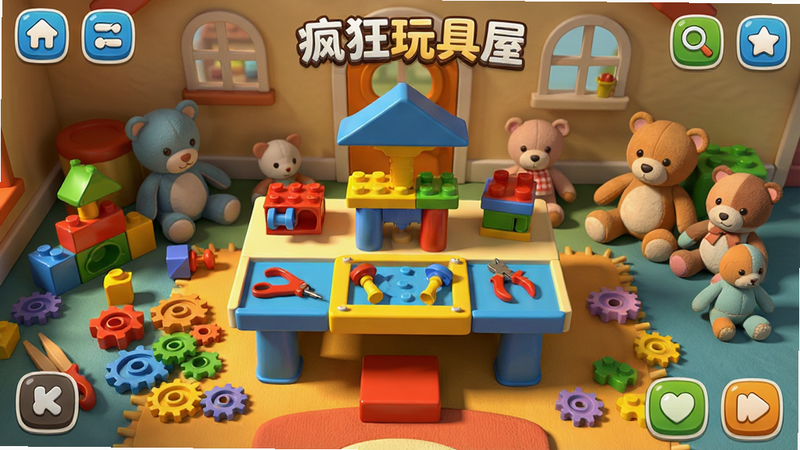 生成一张高清游戏主界面预览图,主体为色彩鲜艳的3D玩具屋场景,布局为中心对称的玩具组装台,周围环绕着散落的积木、齿轮和毛绒玩偶,排版清晰展示UI按钮,风格为卡通渲染+写实光影结合,细节丰富,画质4k,干净无多余元素,文字标签
