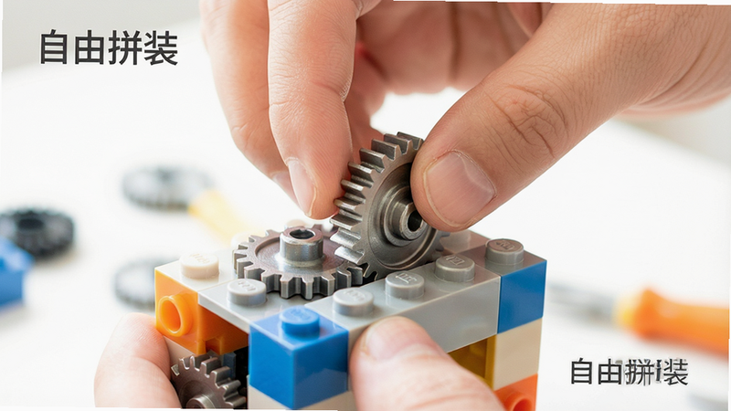 生成一张玩具拼装过程的特写图,主体为双手正在将齿轮嵌入积木主体,布局为近距离特写,背景虚化突出前景,排版简洁,风格为明亮的高调摄影,细节展示塑料质感与金属光泽,画质高清,干净,无多余元素,文字标签