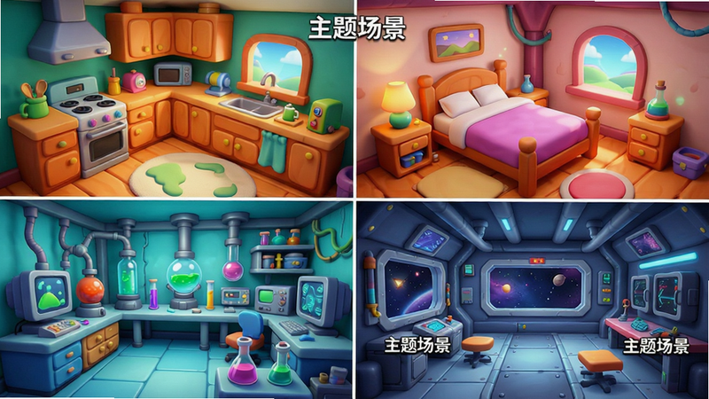 生成一张多场景切换展示图,主体为四个并排的游戏场景截图,布局为四宫格排版,分别展示厨房、卧室、实验室和太空站风格,风格为统一的高饱和度卡通渲染,细节丰富,画质清晰,干净,无多余元素,文字标签