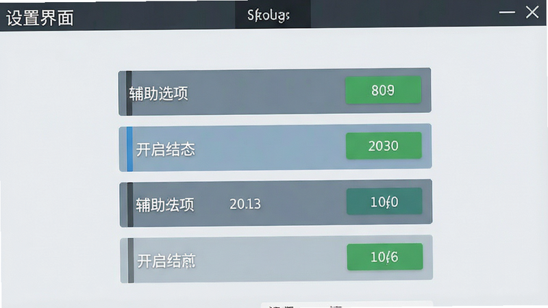 生成一张游戏设置界面截图,主体为辅助选项开启状态,布局为垂直列表,背景为浅色UI风格,排版整齐,风格为扁平化设计,细节清晰,画质高清,干净,无多余元素,文字标签