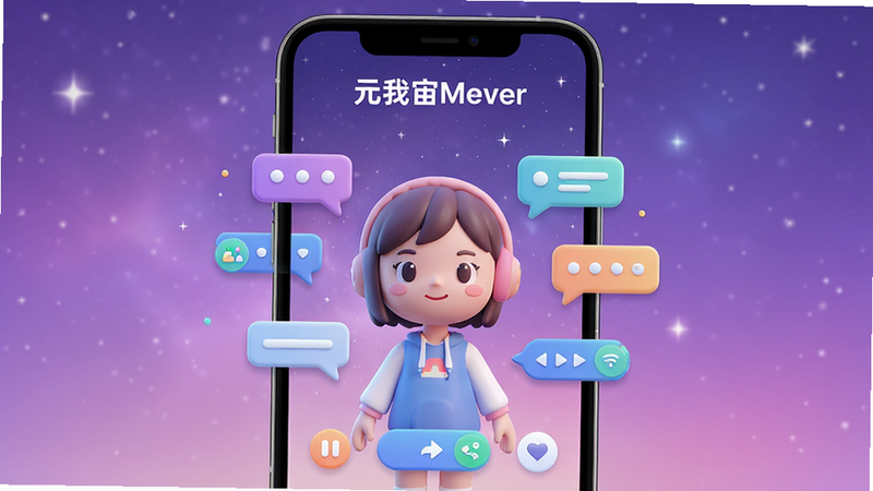 һ��չʾԪ����MeverӦ�ý���ĸ���ͼƬ������Ϊ�ֻ���Ļ����Ļ����ʾһ��ɫ�ʰ�쵵�3D����ռ䣬������һ���ɰ��Ŀ�ͨ����������ΧƯ�����������ݺͻ�����ť������Ϊ��͵Ľ�����ɫ�ǿգ����־��У��Ű����������Ϊ�ִ��Ƽ��������Ԫ��ϣ�ϸ�ڷḻ�����ʳ��壬�ɾ����޶���Ԫ�أ�����