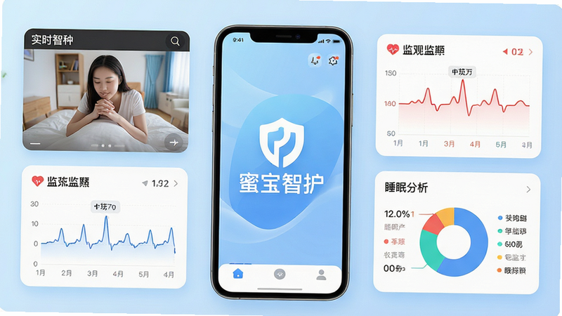主体为一款名为“蜜宝智护”的手机应用界面全景展示,布局采用现代极简主义风格,中心位置醒目显示“蜜宝智护”Logo,周围环绕着实时视频监控窗口、心率监测曲线图及睡眠分析饼状图,排版清晰有序,背景为柔和的浅蓝色渐变,细节处展现高清UI图标与流畅的线条设计,画质4K超清,色彩鲜艳且干净,无多余杂乱元素,突出科技关怀感