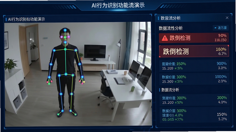 主体为AI行为识别功能演示界面,左侧显示实时摄像头画面,右侧为数据流分析面板,高亮显示“跌倒检测”红色警告标签,布局左右分栏,排版紧凑专业,风格为科技感强烈的深蓝底色,细节包含骨骼关键点连线与置信度百分比,画质高清锐利,文字清晰可读,无背景干扰,体现智能精准