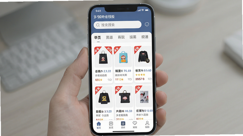 һ��չʾ����ʡ����ʡǮ�桱App��ҳ����ĸ����ͼ������Ϊ�ֻ���Ļ������������������ʾ�������ͷ����ǩ���в�չʾ���к�ɫ��ʡǮ����ǩ����Ʒ��Ƭ�б����ײ�Ϊ�����������Ϊ�ִ���ƽ��UI��ƣ�ϸ�ھ��£������������޶���ˮӡ��Ԫ�أ��ɾ���Լ