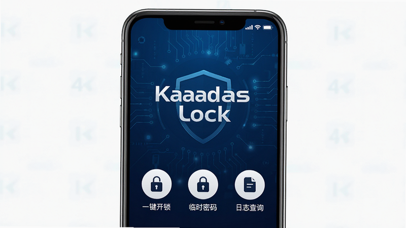 һ�Ÿ�����ֻ������ͼ��������ʾKaadas LockӦ�õ������棬����Ϊ����ɫ�Ƽ��������ͻ����ʾ��Kaadas Lock����ɫLogo���·������š�һ��������������ʱ���롱������־��ѯ������Բ�ι���ͼ�꣬�������ִ����޶���װ��Ԫ�أ�4K���廭�ʣ��ɾ������