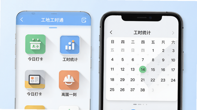 主体为“工地工时通”APP的高清界面展示图,布局采用左右分栏,左侧显示核心功能图标如“今日打卡”、“工时统计”,右侧展示一个简洁的日历视图,风格为现代扁平化商务UI,细节处有细微的阴影效果突出立体感,画质清晰8K,干净无多余元素,背景为淡蓝色渐变,整体呈现专业高效的办公氛围