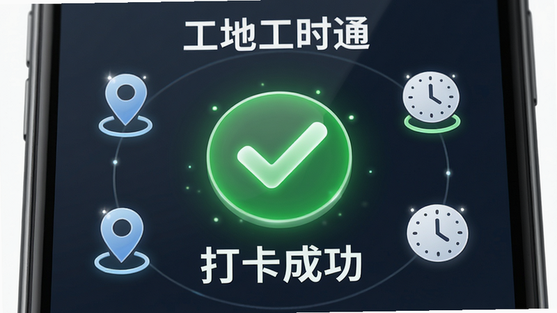 主体为手机屏幕特写,显示“工地工时通”的打卡成功界面,中心有一个绿色的对勾图标,下方文字显示“打卡成功”,周围环绕着GPS定位图标和时钟图标,布局居中对称,风格简洁明快,细节处有微光效果,画质高清,无干扰元素,直观传达安全与准确的核心卖点
