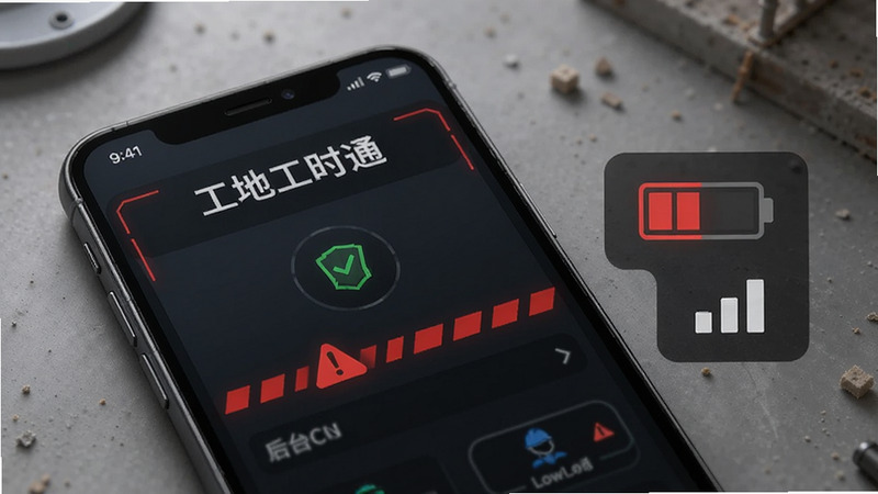 主体为一部智能手机,屏幕显示“工地工时通”的后台运行界面,旁边有一个电池图标显示低电量警告和一个信号图标,布局为警示性排版,风格为写实科技风,细节处有红色警示线条,画质清晰,直观展示后台保活的重要性,无多余装饰