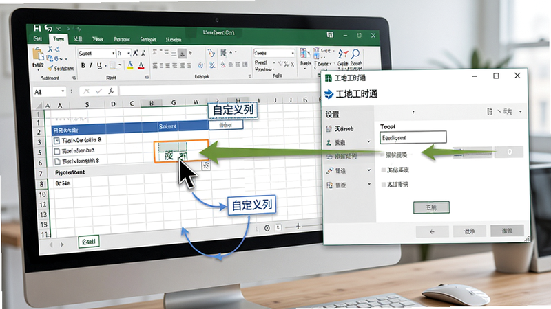 主体为电脑屏幕上的Excel表格定制界面,鼠标光标正在拖动添加“自定义列”,旁边显示“工地工时通”的设置弹窗,布局为操作指引风格,风格为清晰商务风,细节处有箭头指示操作方向,画质高清,直观展示自定义功能的便捷性