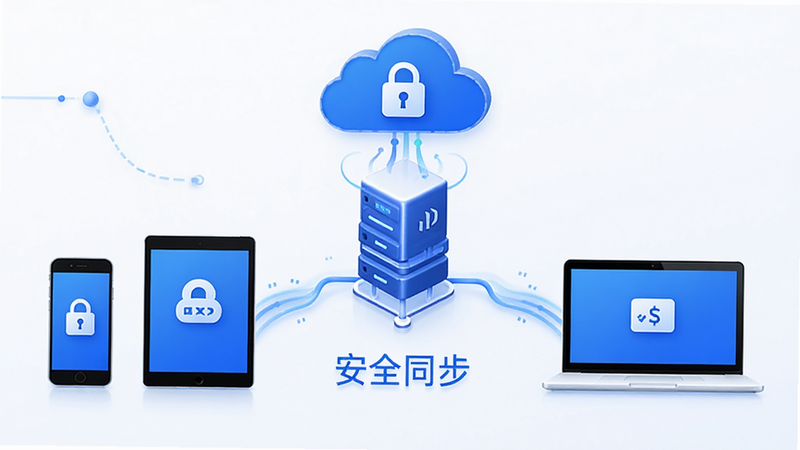 主体为“卡秘会员卡记账”的多设备同步示意图,布局为中央服务器图标连接手机、平板和笔记本电脑,线条流畅象征数据流动,排版呈三角稳定结构,风格为科技蓝白色调,细节处显示云端的锁形图标代表安全加密,画质高清,背景简洁,无多余装饰,文字“安全同步”标注在云端下方