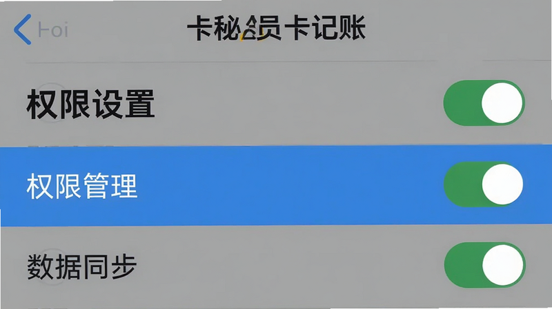 主体为“卡秘会员卡记账”APP的设置界面截图,布局为列表式菜单,高亮显示“权限管理”和“数据同步”选项,排版清晰,风格为简洁实用风,细节处显示开关按钮处于开启状态,画质清晰,背景干净,文字“权限设置”加粗显示