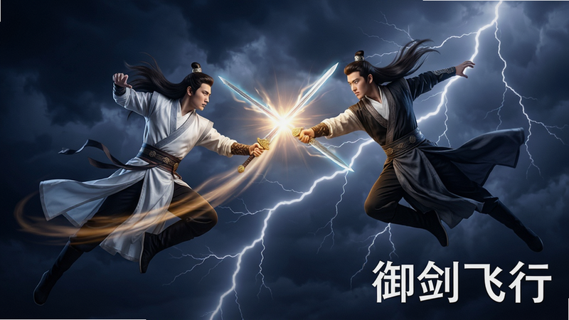 主体为两名仙侠角色在空中激烈对战,剑光交织,背景是雷电交加的夜空,布局动态感强,排版聚焦战斗中心,风格为动感特效渲染,细节清晰,画质锐利,干净无杂乱元素,文字“御剑飞行”位于画面右下角