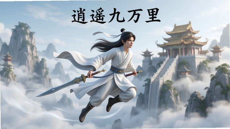 主体为一位身着飘逸白袍的仙侠少年御剑飞行,背景是云雾缭绕的高山仙宫,布局居中,排版简洁,风格为写实3D渲染,细节丰富,画质高清,干净无多余元素,文字“逍遥九万里”位于画面顶部居中