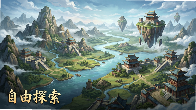主体为广阔的仙侠地图全景,包含山峦、河流、悬浮岛屿和古风建筑,布局宏大,排版均衡,风格为史诗感场景设计,细节精致,画质极佳,干净无遮挡,文字“自由探索”位于画面左下角