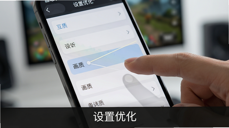 主体为手机屏幕显示游戏设置界面,手指正在点击“画质”选项,背景模糊,布局清晰,排版整洁,风格为UI设计展示,细节明确,画质清晰,干净无杂质,文字“设置优化”位于画面底部