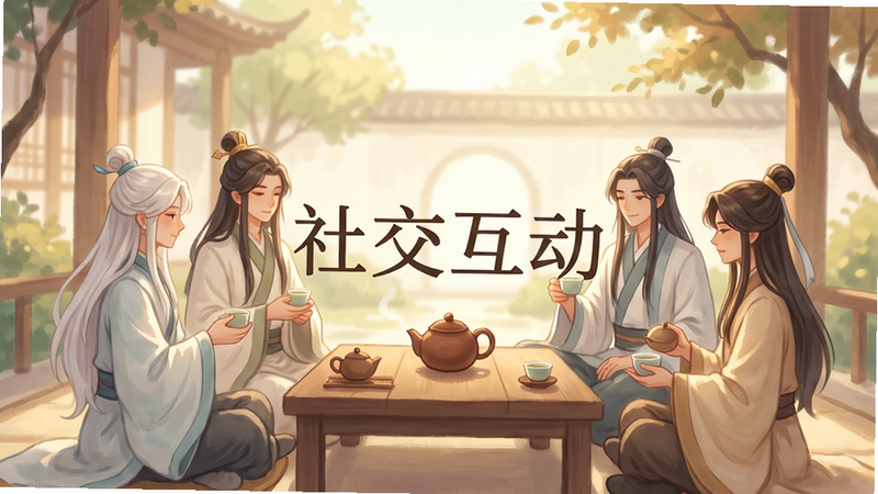 主体为一群仙侠角色围坐在一起品茶论道,背景是温馨的庭院,布局温馨和谐,排版舒展,风格为治愈系插画,细节柔和,画质温暖,干净无干扰元素,文字“社交互动”位于画面中部