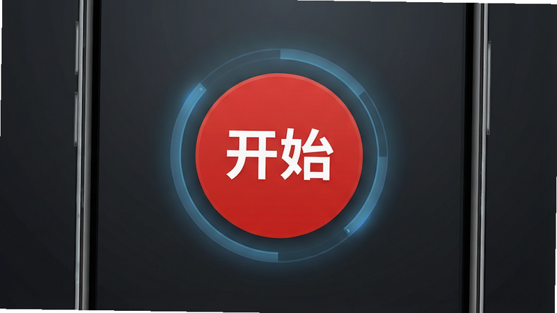 主体为手机屏幕界面,居中显示一个圆形的红色按钮,按钮中心写着白色粗体文字