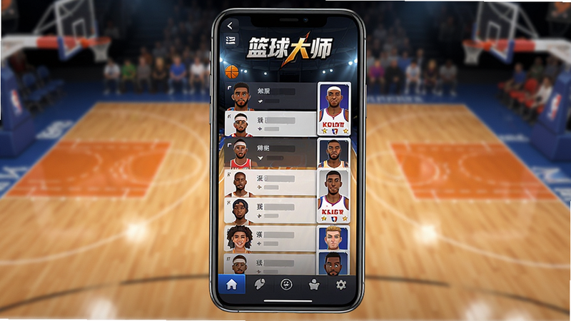 ����Ϊһ�����������ֻ�����Ļ������ʾ��Ϸ�������ʦ���������棬������ģ����NBA������򳡣�ǰ������չʾ��������б�����Ա��Ƭ������Ϊ���͵��ƶ���UI��ƣ���������ϷLogo���ײ�Ϊ���ܵ����������Ϊдʵ�뿨ͨ��ϵĸ�����Ϸ��ͼ������4K���ɾ��޶���Ԫ�أ����������ɼ�