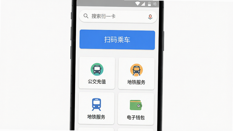 主体为湘行一卡通安卓APP的主界面截图,布局清晰展示顶部搜索栏、中部醒目的蓝色“扫码乘车”大按钮、下方排列整齐的“公交充值”、“地铁服务”、“电子钱包”等功能图标网格,背景为干净的白色,整体风格扁平化、现代简约,UI设计符合Android Material Design规范,文字清晰无遮挡,高清无噪点,无多余装饰元素