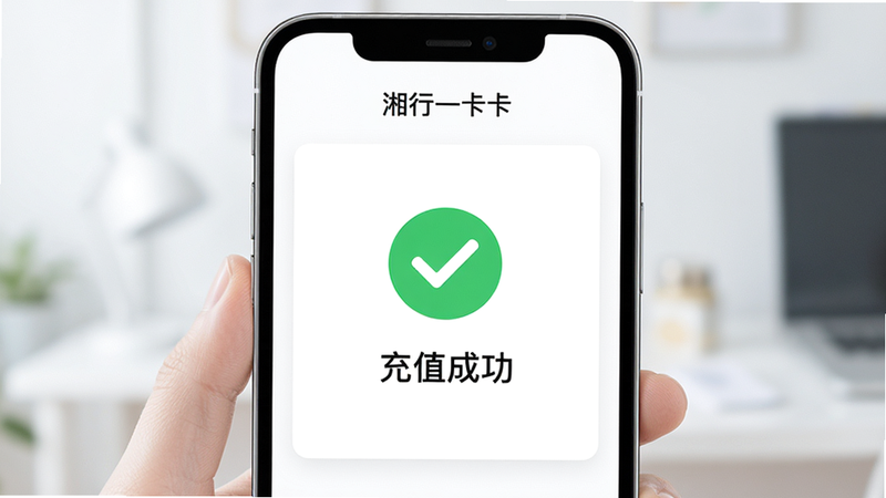 主体为手机支付界面,显示充值成功页面,中间有一个绿色的对勾图标,下方显示“充值成功”字样,背景为简洁的白色卡片式UI,顶部有应用名称“湘行一卡通”,整体色调清新明亮,体现成功与安心,无多余按钮,高清UI设计图