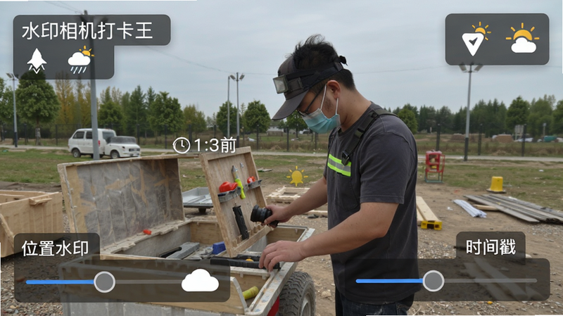 展示“水印相机打卡王”的水印编辑界面,主体为一张户外工作场景照片,布局上在照片角落叠加了时间、地点、天气图标,排版错落有致,风格写实,细节展示水印透明度调节滑块,画质清晰,文字标注