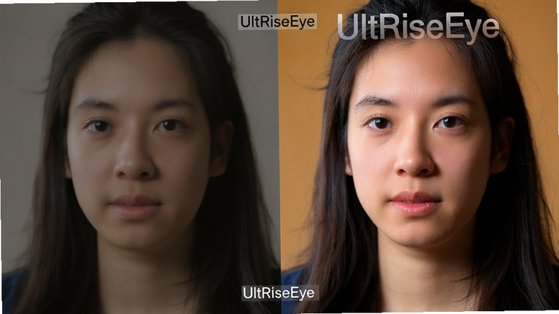 UltRiseEye 智能画质增强功能演示,左右对比图,左侧为普通画面,右侧为增强后的高清画面,突出色彩饱和度和细节清晰度,标注“UltRiseEye”字样,风格写实,高清细节
