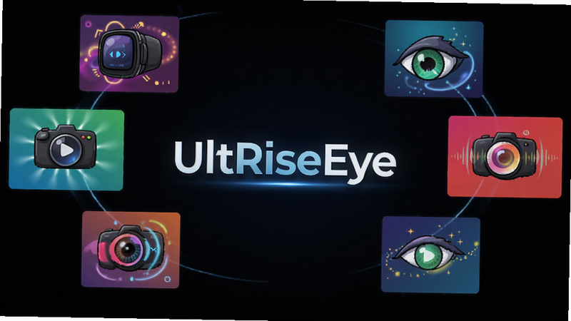UltRiseEye 安卓版主界面全景展示,深色背景,中央悬浮着高亮的“UltRiseEye”Logo,周围环绕着色彩鲜艳的视觉增强效果示意图,布局简洁现代,科技感强,高清画质,无多余元素