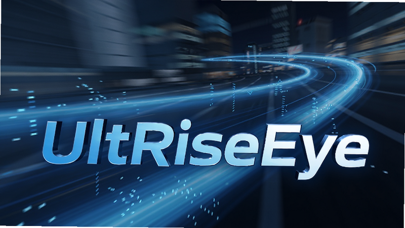 UltRiseEye 低延迟渲染优化示意图,展示流畅的运动轨迹,背景为模糊的动态场景,前景清晰突出“UltRiseEye”标识,强调速度感与流畅性,蓝色科技色调,高清渲染