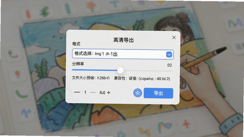 主体为画画+软件的作品导出设置弹窗,布局居中显示,包含格式选择下拉菜单、分辨率滑块及导出按钮,排版简洁明了,风格现代 UI 设计,细节展示文件大小预估与兼容性提示,画质清晰,背景半透明模糊处理以突出弹窗,文字标注“高清导出”
