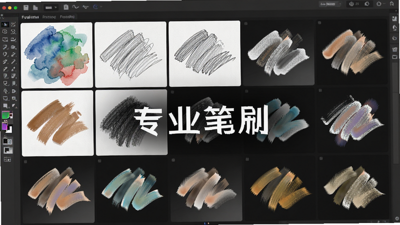 主体为画画+软件中的笔刷展示界面,布局呈现网格状排列,每个格子展示一种不同风格的笔触效果,如粗糙的水彩晕染、细腻的铅笔线条等,排版紧凑有序,风格写实且富有艺术感,细节展示笔触的纹理与色彩过渡,画质清晰,无多余装饰,文字标注“专业笔刷”