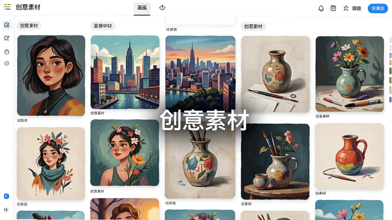 主体为画画+软件的素材库浏览界面,布局为瀑布流展示,展示多种精美的插画缩略图,包括人物肖像、城市风景及静物写生,排版美观且分类标签清晰,风格多样化且色彩丰富,细节展示图片的高清晰度与多样性,画质纯净,无水印干扰,文字标注“创意素材”