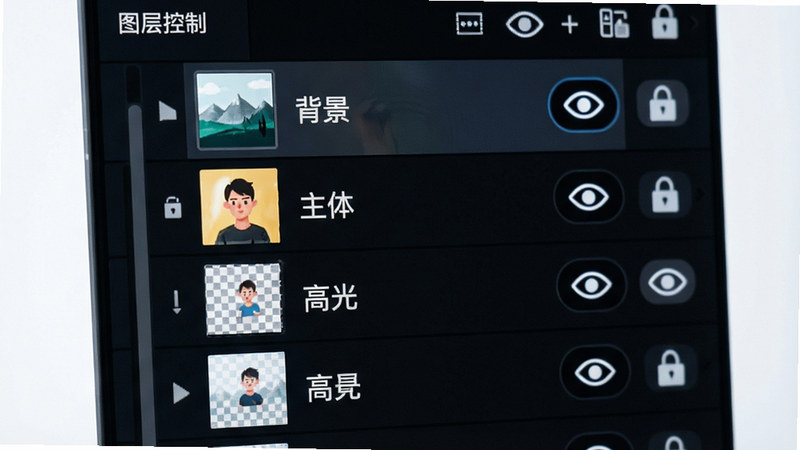 主体为画画+软件的图层管理面板特写,布局显示垂直滚动的图层列表,每层右侧带有眼睛图标(可见性开关)和锁形图标(锁定状态),排版层级分明,风格科技感与实用主义结合,细节展示图层名称如“背景”、“主体”、“高光”,画质锐利,无杂乱背景,文字标注“图层控制”