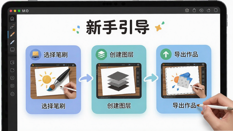 主体为画画+软件中的新手教程界面,布局展示分步引导卡片,包括“选择笔刷”、“创建图层”、“导出作品”等步骤,排版清晰且配有图标指示,风格友好且鼓励性强,细节展示每一步的操作示意图,画质清晰,无杂乱信息,文字标注“新手引导”