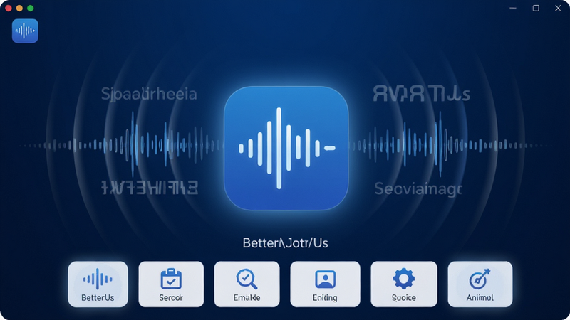 BetterUs 软件主界面全景展示,深蓝色科技感背景,中央悬浮一个发光的音频波形图标,周围环绕着半透明的英文单词和声波扩散效果,整体布局对称平衡,采用扁平化设计风格,色彩以蓝白为主,细节处有细微的光晕效果,高清画质,干净无多余元素,主体为 BetterUs 应用图标与核心功能预览