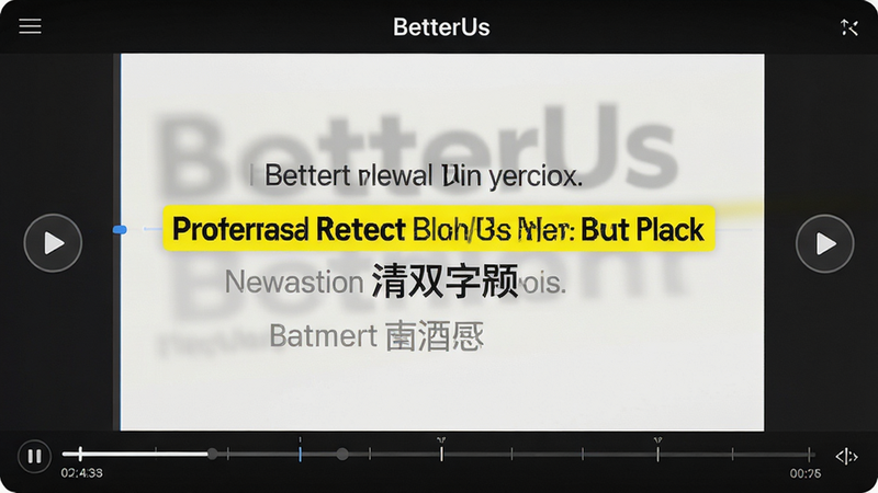 BetterUs 双语字幕同步界面,深色模式背景,中间是两行文字,上方英文下方中文,当前播放的句子高亮显示为亮黄色,其他句子为灰色,左右两侧有播放控制按钮,布局居中,风格专业简洁,细节处显示时间轴标记,高清画质,无多余装饰,主体为字幕同步效果