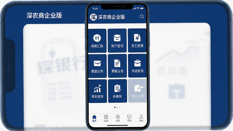 主体为深农商企业版安卓版手机应用界面全貌展示,布局采用扁平化UI设计,顶部显示银行Logo与状态栏,中部为核心功能九宫格,包含转账汇款、账户查询、员工管理、票据业务等图标,底部为导航栏,风格简洁商务,色调以深蓝与白色为主,细节清晰,高清无噪点,干净无多余元素,文字标注为'深农商企业版',4K分辨率