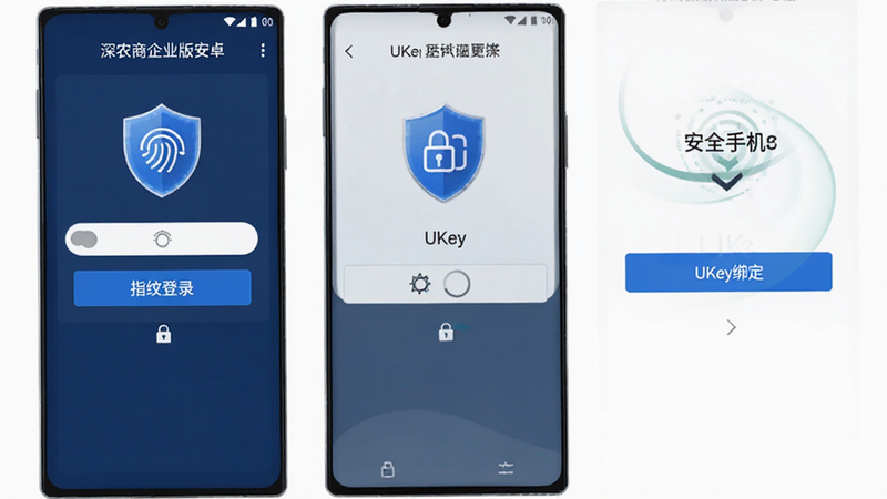 主体为深农商企业版安卓版安全设置界面,布局展示指纹登录开关、UKey绑定状态、安全手机更换选项,风格严谨安全,蓝色盾牌图标突出,细节体现锁定状态与解锁动画,高清界面设计,干净无杂色