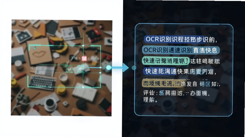 应用界面示意图,展示OCR识别过程,左侧为一张带有复杂背景的图片,右侧为提取出的纯净文本框,文本高亮显示,体现快速识别效果,风格科技感,干净,无多余元素