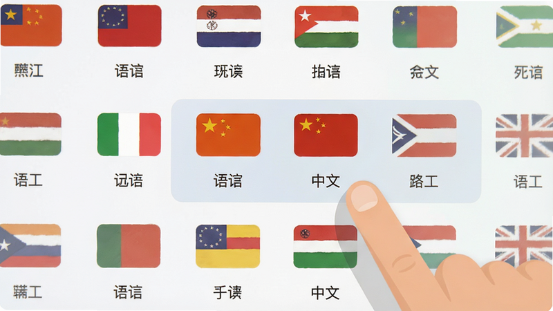 语言选择列表界面,显示多种国旗图标和语言名称,手指点击“中文”选项,界面设计扁平化,色彩柔和,清晰展示多语言支持能力,高清,无多余元素