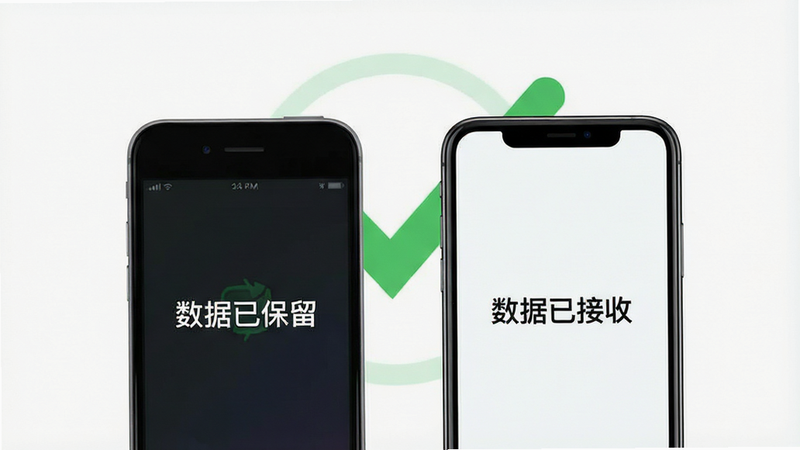 主体为两部手机并排,旧手机屏幕显示“数据已保留”,新手机屏幕显示“数据已接收”,背景为绿色对勾图标,布局对称,排版简洁,风格清新,细节明确,画质高清,干净无多余元素