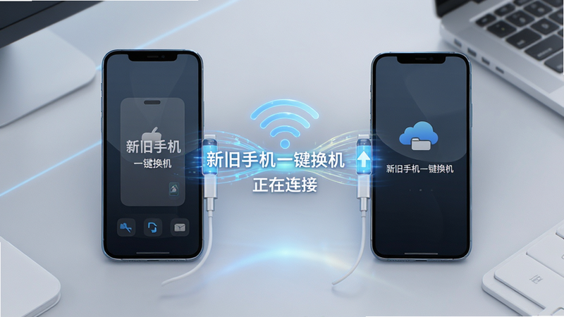 主体为两部手机通过无线信号连接,中间有数据流动的光效,显示“新旧手机一键换机”正在连接,布局居中,排版整洁,风格科技感,细节丰富,画质高清,干净无多余元素
