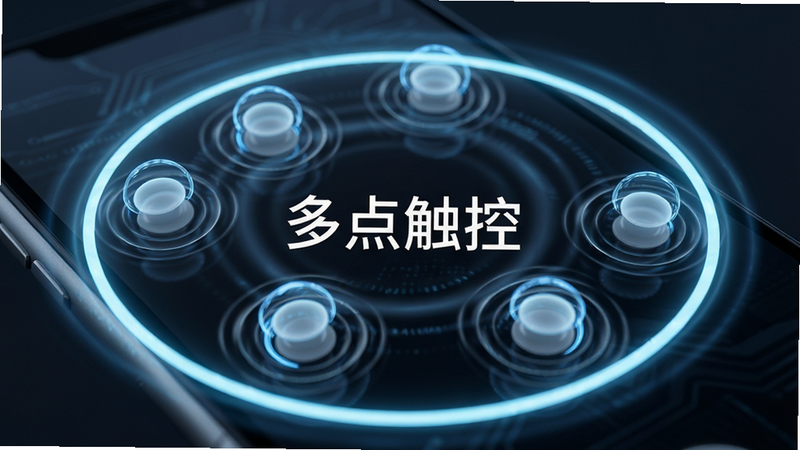 手机屏幕特写,显示多个虚拟触摸点同时按下,周围环绕科技感光圈,布局聚焦于屏幕中心,风格为未来科技风,细节展示触控波纹效果,画质超清,干净,文字“多点触控”居中显示