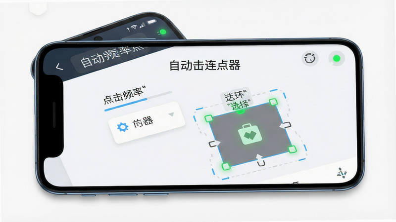 主体为一部现代智能手机,屏幕中央展示“自动击连点器”应用界面,布局清晰显示点击频率设置与区域选择框,排版简洁,风格为科技感扁平化设计,细节处有绿色运行状态指示灯,画质高清8k,干净无多余元素,文字“自动击连点器”清晰可见
