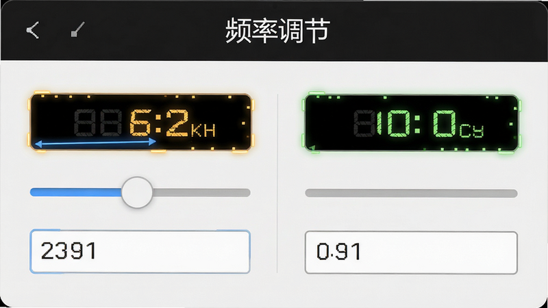 软件控制面板界面,显示滑动条与数字输入框,布局左右对称,风格为简约UI设计,细节高亮显示当前频率数值,画质清晰,干净,文字“频率调节”位于顶部