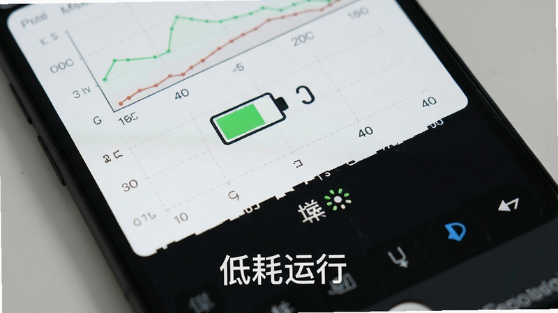手机背面视图,显示电池电量图标与温度指示,布局简洁,风格为极简主义,细节展示低占用率图表,画质清晰,干净,文字“低耗运行”位于下方