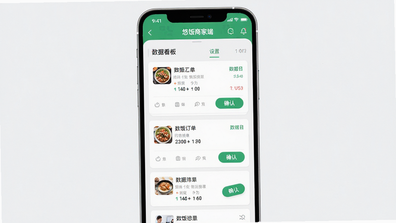 主体展示悠饭商家端安卓应用界面,布局清晰分为订单列表、数据看板与设置模块,排版简洁现代,风格为扁平化商务UI,细节包含模拟的订单卡片与绿色确认按钮,画质高清,干净无多余元素,文字标注