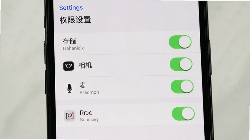 展示手机设置界面中的权限管理页面,主体为权限开关列表,布局垂直排列,排版清晰,风格为iOS/Android原生设置风格,细节包含存储、相机、麦克风等选项,画质清晰,干净,文字标注